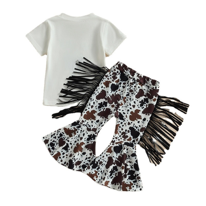 Wholesale Cotton Children's MOODY Cow Head T-shirt Tassel Flared Pants Set Two-piece Set